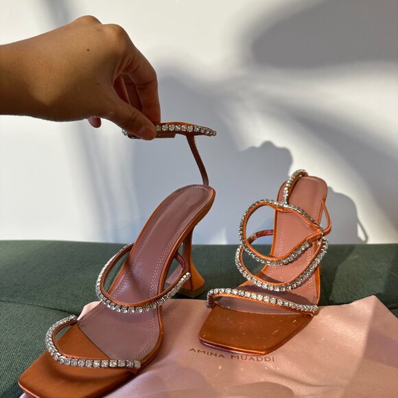 Amina Muaddi Gilda Embellished Ankle Strap Sandal Heels in Orange Satin - Picture 6 of 6